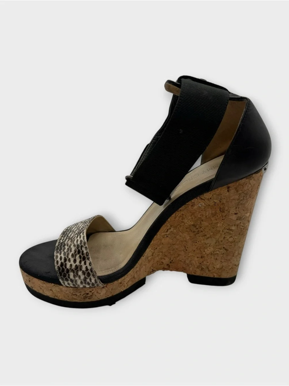 Jimmy Choo Neston Cork Wedge Sandals Snakeskin & Black Leather Euro 41.5 US 10.5
